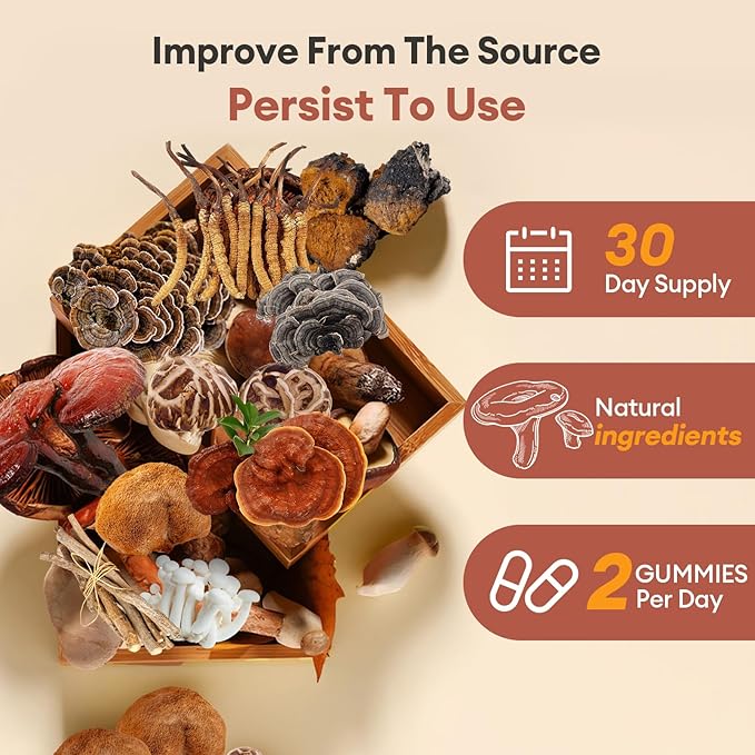 Mushroom Gummies 16-In-1 Mushroom Blend With Ashwagandha Gummies For Brain Health,Cognitive, Memory & Focus,Energy 0g Added Sugar Mushroom Supplement Lions Mane,Reishi,Cordyceps,Turkey Tail,Chaga (60)