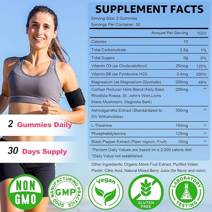 Cortisol Gummies - Cortisol Supplements for Women & Men with Ashwagandha, Magnesium, L-theanine for Cortisol Balance, Support Relaxation, Energy, Zzz, Mixed Berry Flavor, 60Ct