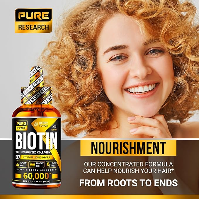 PURE RESEARCH Liquid Biotin & Collagen Hair Growth Drops 60,000mcg – Biotin and Liquid Collagen Supplements for Women & Men – Supports Glowing Skin, Healthy Hair & Nail Growth (2Fl Oz)