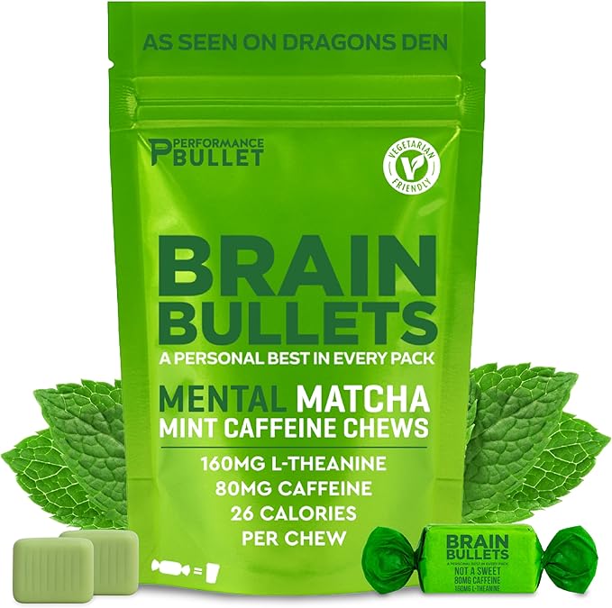 160mg L-Theanine + 80mg Caffeine Chews – Mint Matcha Flavour, Increases Productivity, Mental Clarity, Alertness | 1 Bag - 40 Servings | Brain Bullet | Energy Gum & Focus Gummy Upgrade