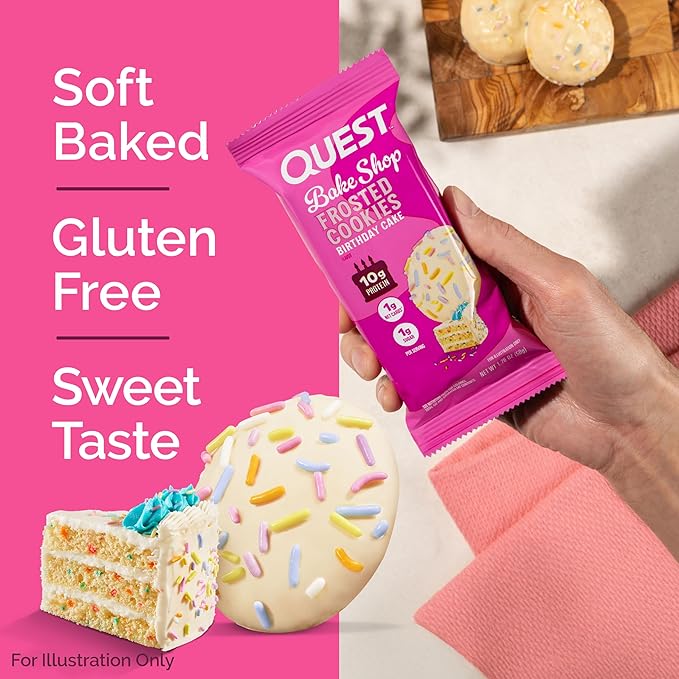 Quest Nutrition Frosted Cookies Twin Pack, Birthday Cake, 1g Sugar, 10g Protein, 1g Net Carbs, Gluten Free, 16 Cookies, (Pack of 2)