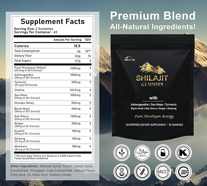 DLNIA Shilajit Gummies with Ashwagandha, Turmeric - Organic, Zero Sugar & Vegan-Friendly Himalayan Shilajit for Men & Women - Energy, Calm, Cortisol, Sleep, Immune Support & Overall Health