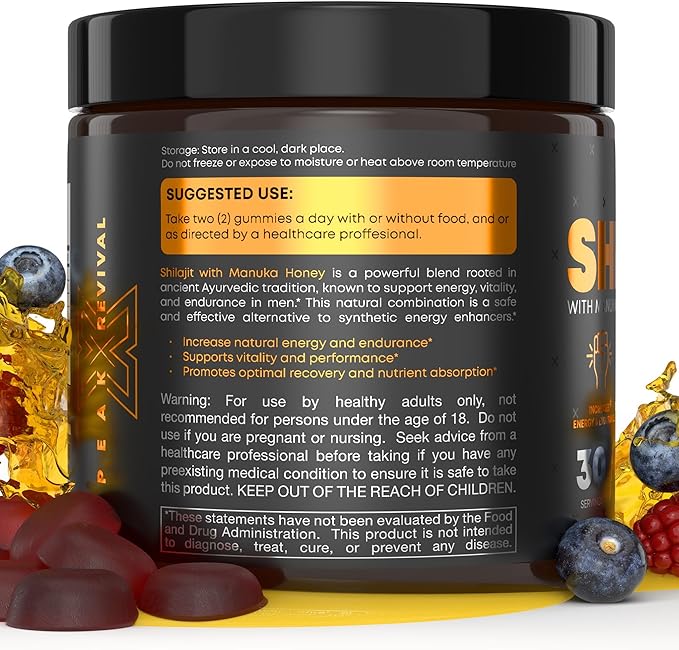 Peak Revival Shilajit Gummies with Manuka Honey - Promotes Optimal Recovery, Increases Energy & Endurance, Mixed Berry Flavor, 100mg per Serving, 60 Count (30 Servings)
