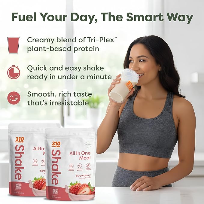 310 Nutrition All-In-One Meal Replacement Shake Powder - Plant-Based Protein Smoothie Blend w/High Fiber, Probiotics & Adaptogens - Low Carb, Vegan, Keto & Paleo Friendly - Strawberry - 14 Srv