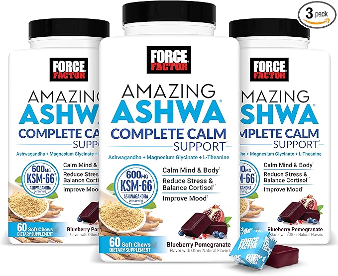 Force Factor Amazing Ashwa Complete Calm Support, KSM-66 Ashwagandha, Like Ashwangandha Gummies to Promote Calm & Relaxation with Magnesium & L-Theanine, Blueberry Pomegranate, 180 Soft Chews, 3-Pack