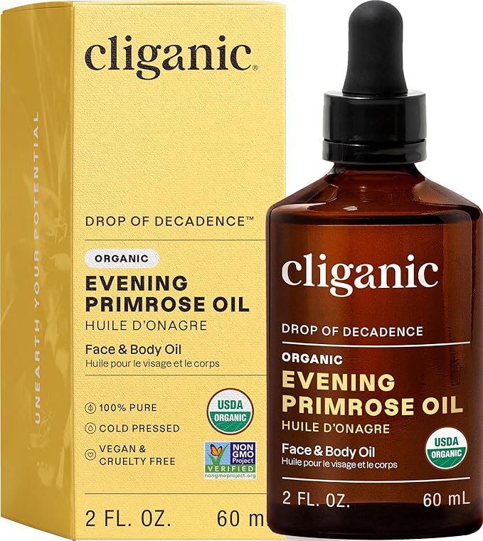 Cliganic Organic Evening Primrose Oil, 100% Pure (2oz) - For Hair & Face | Natural Cold Pressed Unrefined