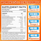 Vitamin D3 K2 Gummies Supplement for Women 50+: Organic Vitamin D3 5000 IU + K2 (MK-7) 120 mcg with 500mg Omega-3, 400mg Calcium, CoQ10 for Immune Health - Extra Strength for Adults(60Count)