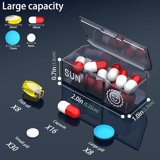 Pill Organizer 2 Times a Day, Am Pm Twice Daily Pill Case, Detachable Large Travel Pill Box 7 Day, Weekly Pill Container for Vitamin Medicine Supplement Fish Oil (Black)