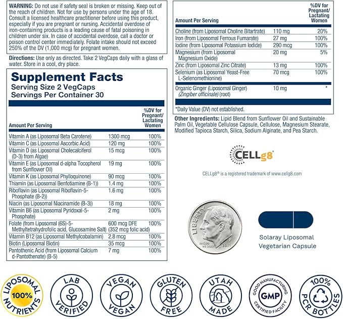 SOLARAY Liposomal Multivitamin Prenatal - Support for Mom & Baby with Prenatal Vitamins for Women, Folic Acid & Iron - High Potency, Gentle Digestion - 60-Day Guarantee - 30 Servings, 60 VegCaps