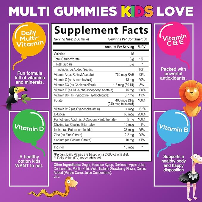 Multivitamin for Kids - Complete Daily Children's Multi Vitamin Gummy Chew with Vitamin D, B Vitamins, Zinc & More - Energy, Memory Focus & Immune Health Support - Natural Berry Flavor - 60 Gummies
