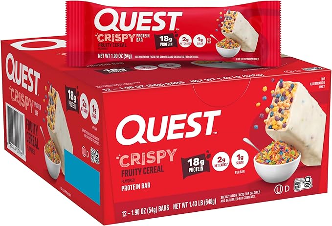Quest Nutrition Crispy Protein Bar, Fruity Cereal Flavor, 18g Protein, 1g Sugar, 2g Net Carbs, Low Sugar, 12 Count