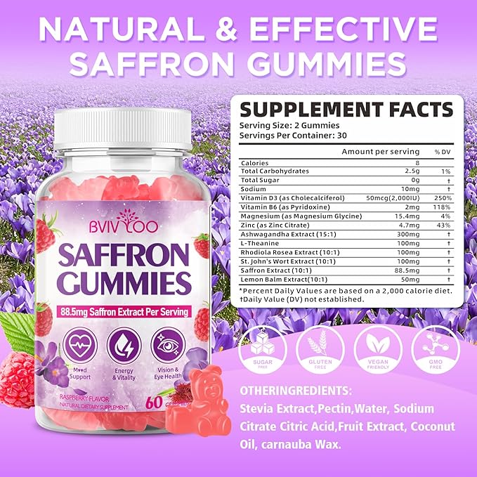 Saffron Gummies for Adult Kids, 10-IN-1 Formula with Saffron 88.5mg, Vitamins D3 & B6, Magnesium, Zinc, Ashwagandha, L-Theanine, St. John's Wort - Supports Mood & Focus, Raspberry Flavor, 120 Count
