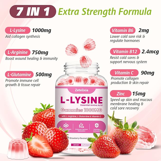 2 Pack L-Lysine Gummies 1000mg, Lysine Gummies Supplement for Adults & Kids, Essential Amino Acid with L-Arginine, L-Glutamine for Lip & Skin, Immune, Calcium Absorption, Strawberry Flavor, 120Ct