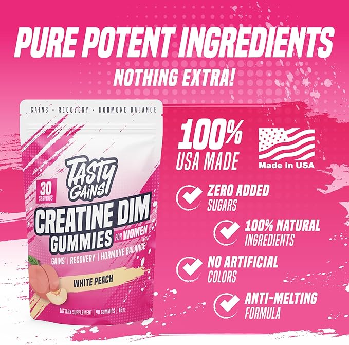 Creatine Gummies for women | 3g Creatine Monohydrate Per Serving | DIM Supplement 100 mg | Estrogen Balance for Women | Hormonal Acne, Hormone Balance, Glute Builder (90 Count, White Peach)