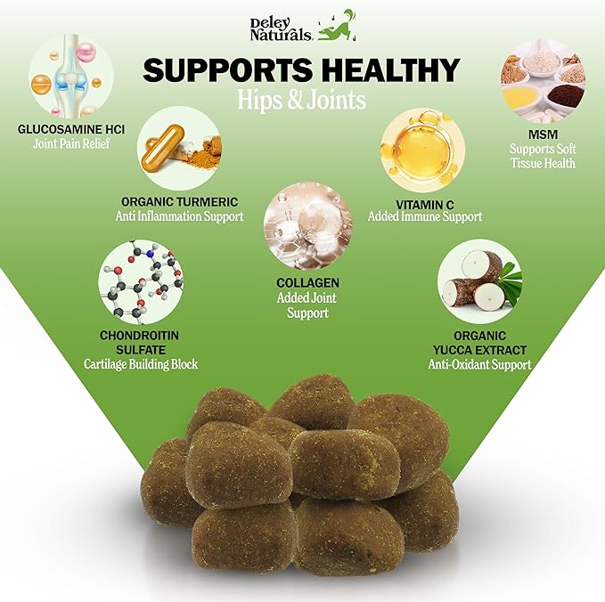 Deley Naturals Hip and Joint Supplement for Dogs - Glucosamine Chondroitin MSM & Collagen for Dogs - Dog Joint Supplement, Smaller Chews, Low Calories, Same Ingredients - 120 Bacon Flavor Chews