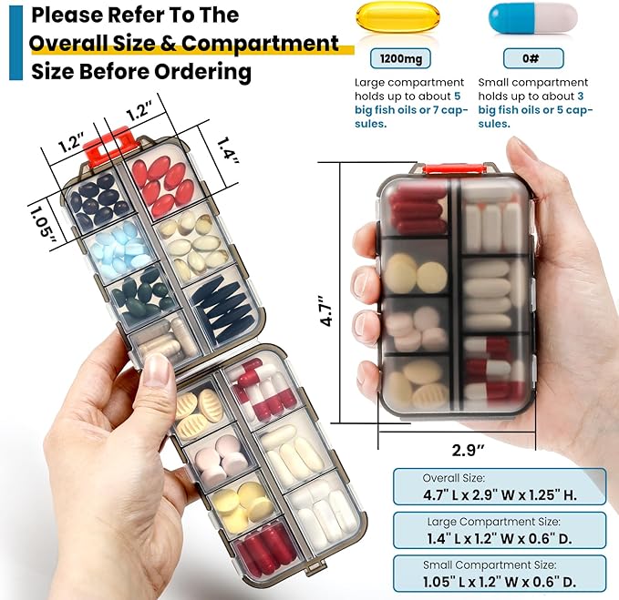 14 Grids Travel Pill Organizer Box with 415-Pcs Medicine Name Labels - Pocket Daily Pharmacy Case Container Kit - Travel Medication Holder Dispenser for Fish Oil Vitamin Supplement Storage -Clear Grey