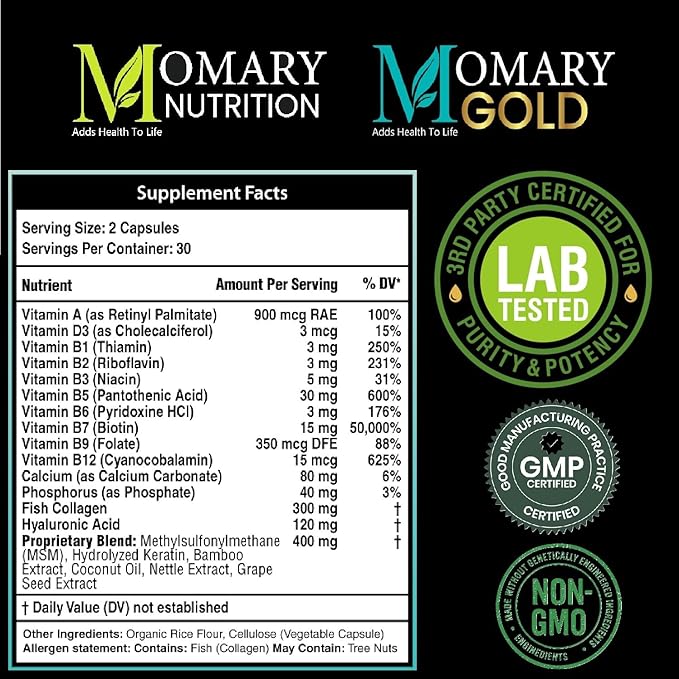 MOMARY Gold Hyaluronic Acid with Biotin, Collagen, Keratin, B-Complex (B1, B2, B3, B5, B6, B7, B9, B12), Vitamins A & D3, Folic Acid, Calcium, Phosphorus – Hair, Skin & Nail Support – 60 Capsules