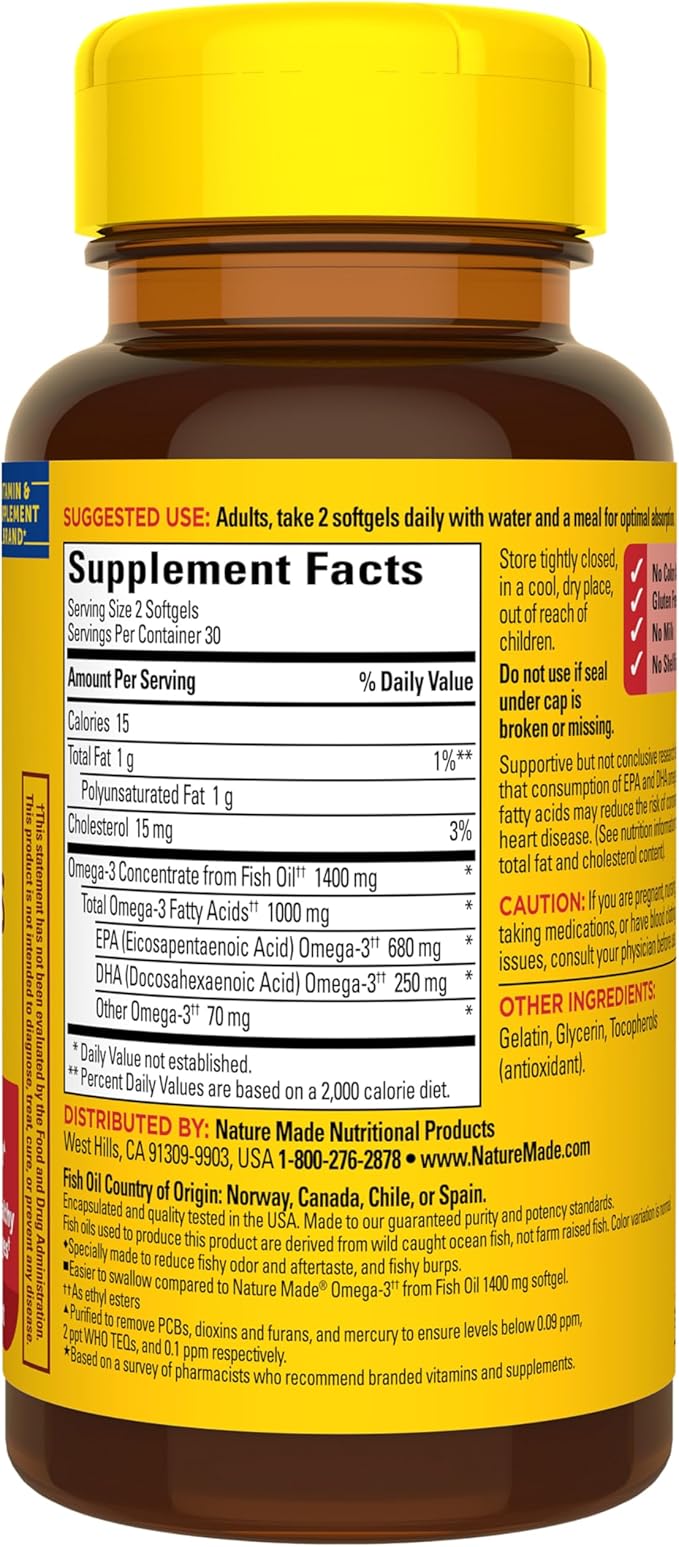 Nature Made Extra Strength Burp Less Fish Oil Omega 3 Supplements 1400 mg Minis, Omega 3 Fish Oil as Ethyl Esters for Healthy Heart Brain Eyes Support, 60 Softgels, 30 Day Supply