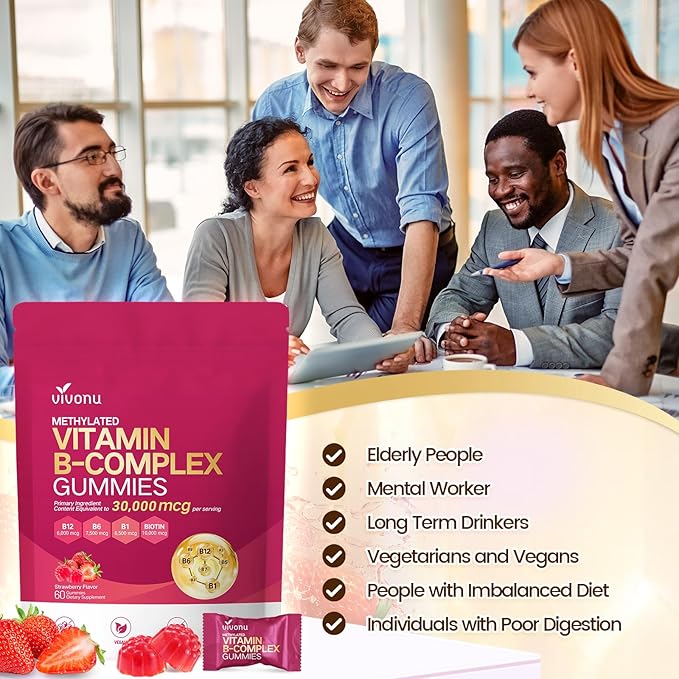 VivoNu Vitamin B Complex Gummies, 6000 mcg Methylated Vitamin B12, with B6 B1, B2, B3, B5, B7, Methylfolate, Vitamins A C D E, Vegan, Non GMO, Methylated B Complex Vitamin (4 Bag)