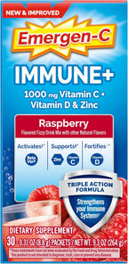 Emergen-C Immune+ Triple Action Immune Support Powder, BetaVia (R), 1000mg Vitamin C, B Vitamins, Vitamin D and Antioxidants, Raspberry – 30 Count