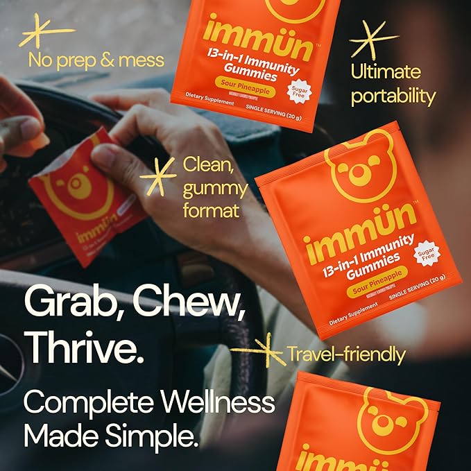 Grüns Immun Sugar Free Immunity Gummies with Vitamin C, Zinc, MCT Oil, & Turmeric - Daily Immune Support Supplement for Adults - Sour Pineapple Flavor (28 Count)