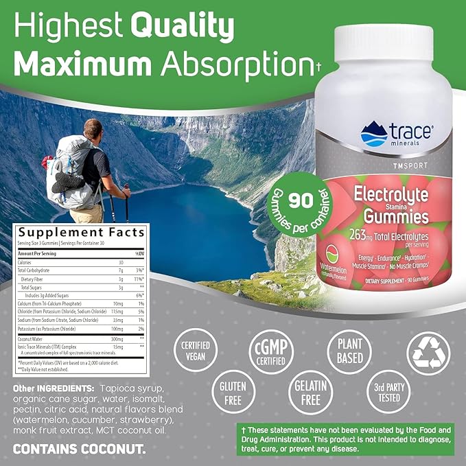 Trace Minerals | Electrolyte Stamina Gummies | Boost Energy, Endurance, Muscle Stamina and Hydration | Vegan | Watermelon | 90 Count (30 Servings)