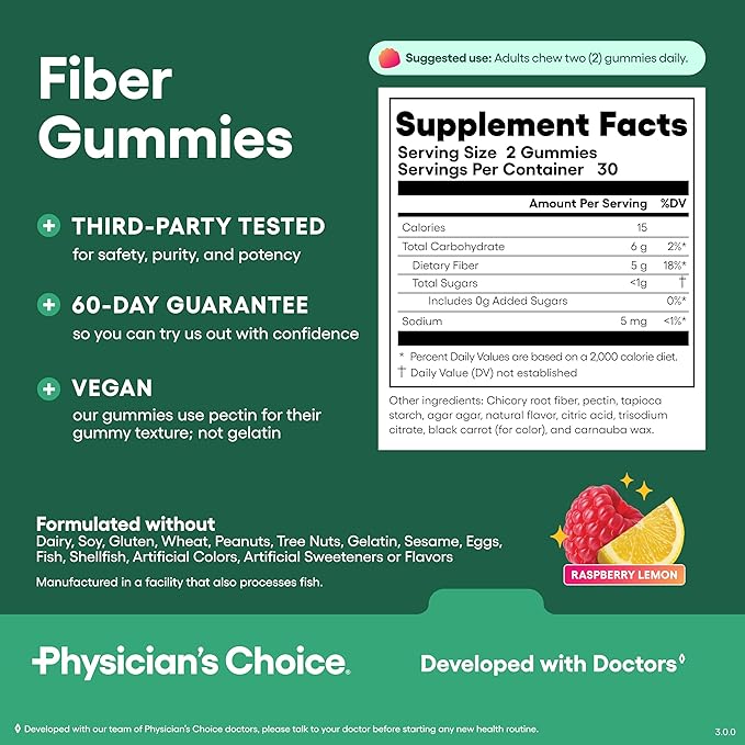 Physician’s Choice Fiber Gummies for Digestive Health & Regularity - Raspberry Lemon Flavor - No Sugar Added & Vegan - Natural Chicory Root Prebiotic Fiber - Daily Gummy for Adults, Women & Men - 60CT