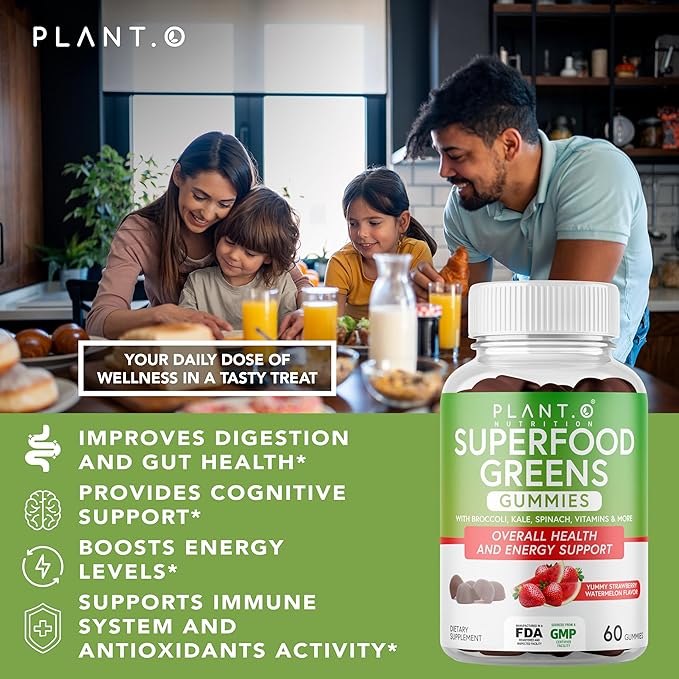 PLANT.O NUTRITION SuperGreens Gummies | Daily Greens Superfood with Fruits, Vegetables & Vitamins to Boost Immunity, Cognitive & Gut Health | Watermelon & Strawberry Flavor | 60 Super Gummies