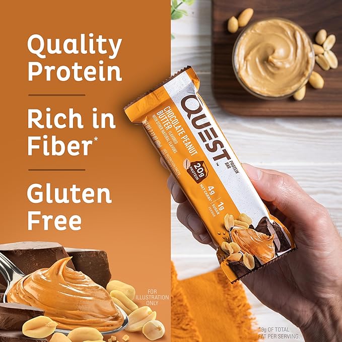 Quest Nutrition Chocolate Peanut Butter Protein Bars, 20g Protein, 1g Sugar, 5g Net Carb, Gluten Free, Keto Friendly, 4 Count