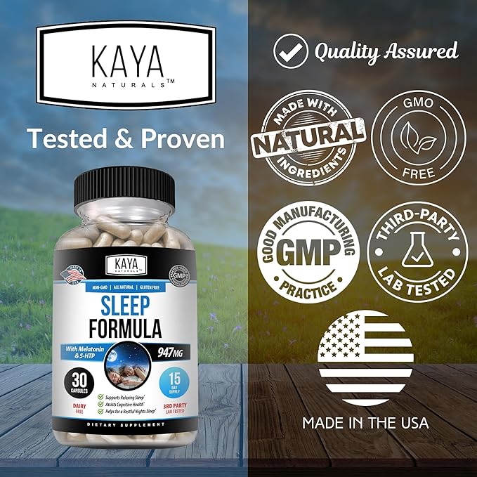 Kaya Naturals - Sleep Support Formula with Melatonin - Aid Support Vitamin Supplement - Sleep Stress and Mood Support - L-Tryptophan, Passion Flower, Ashwagandha and More (30 Count)