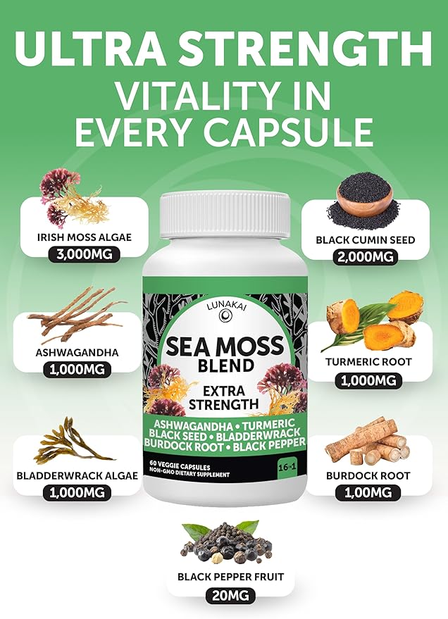 Lunakai USA Made Irish Sea Moss Capsules with Black Seed Oil, Ashwagandha, Burdock Root & Bladderwrack, 60ct
