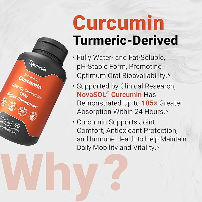 Naturalis NovaSOL Turmeric Curcumin (5,550mg Curcuminoids Equivalent Per Serving) - Clinical Proven with 185X Better Absorption | Antioxidant Support for Brain, Joint & Immune Health* | 60 Servings