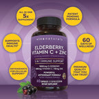 Viva Naturals Black Elderberry 1000mg with Vitamin C, D3 5000 IU & Zinc - 5-in-1 Immune Support Supplement for Adults, Sambucus Elderberry Capsules with Ginger for Men and Women, (60 Capsules)