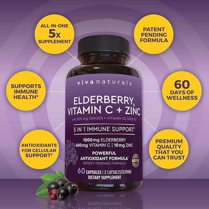 Viva Naturals Black Elderberry 1000mg with Vitamin C, D3 5000 IU & Zinc - 5-in-1 Immune Support Supplement for Adults, Sambucus Elderberry Capsules with Ginger for Men and Women, (60 Capsules)
