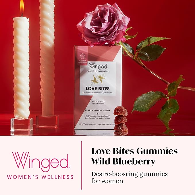 Winged Wellness Love Bites, Libido Booster for Women with Maca Root - Libido & Pleasure Booster with Horny Goat Weed & Damiana - Natural Aphrodisiac Gummy Supplement - Wild Blueberry, 60 Vegan Gummies