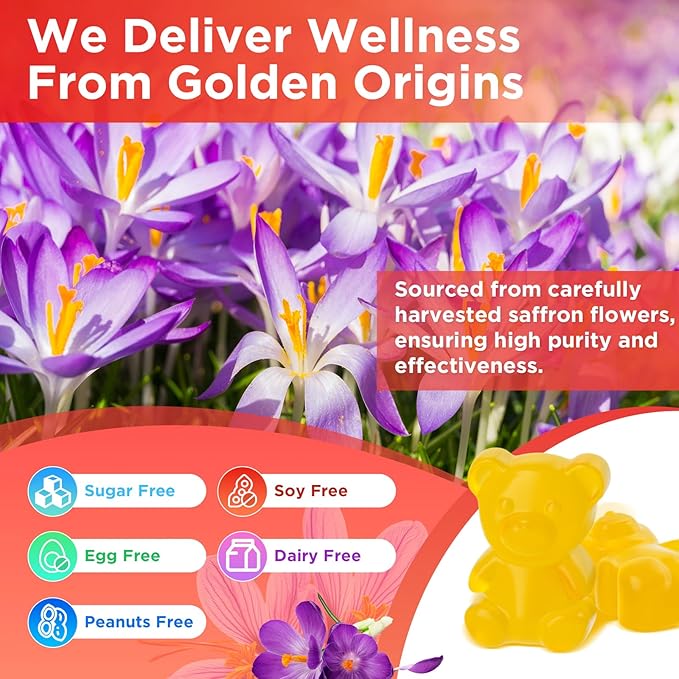 Saffron Gummies for Adult Kids, 10-IN-1 Saffron Supplements with Saffron Extract 88.5 mg, Vitamin D3, B6, B12, L-Theanine, St. John's Wort, Ashwagandha for Mood, Focus, Calm, Melatonin-Free, 60 Count