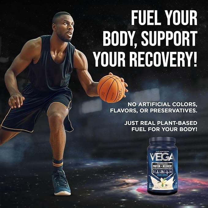 Vega Sport Vegan Protein Powder + Recovery - 30g Plant Based Protein per Serving, Vanilla, 20 Servings, 5g BCAAs, Probiotics, NSF Certified, for Shakes & Smoothies, 1.8lbs (Packaging May Vary)