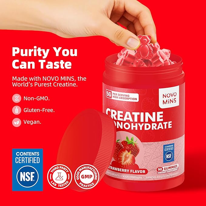Novomins Creatine Monohydrate Gummies 5000mg for Men & Women, Chewables Creatine Monohydrate for Muscle Strength, Muscle Builder, Energy Boost, Pre-Workout Supplement(90 Count)-Strawberry Flavor