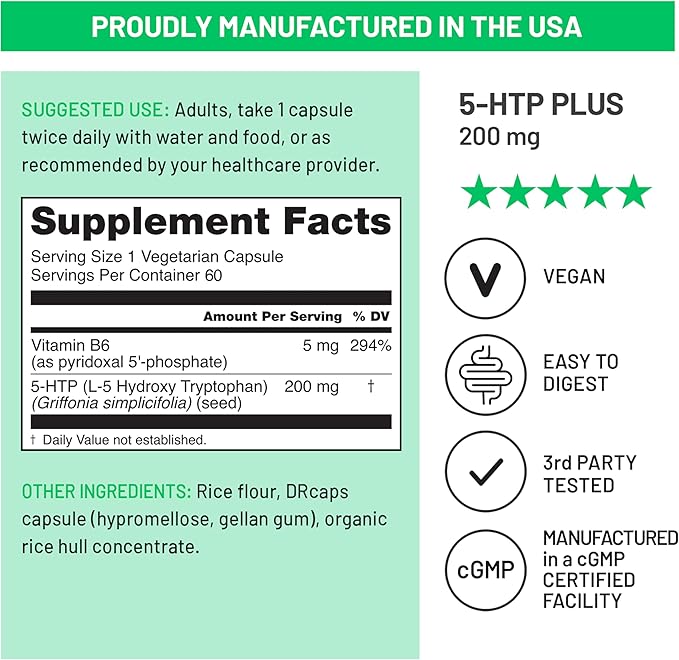 NatureWise 5-HTP 200mg Supplement from Griffonia Seeds with Cofactor Vitamin B6 - Mood Support and Natural Sleep Aid for Adults - Delayed-Release,Vegan - [2-Month Supply],60 Count (Pack of 2)