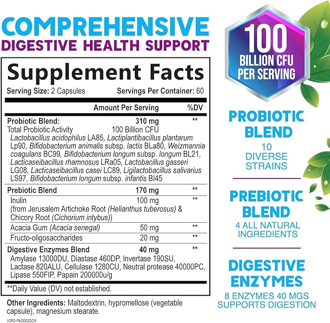 Probiotics 100 Billion CFU Per Serving - 10 Probiotic Strains & Prebiotics - Digestive Gut Health, Immune Support & Occasional Constipation, Gas & Bloating - Daily Supplement For Adults - 120 Capsules