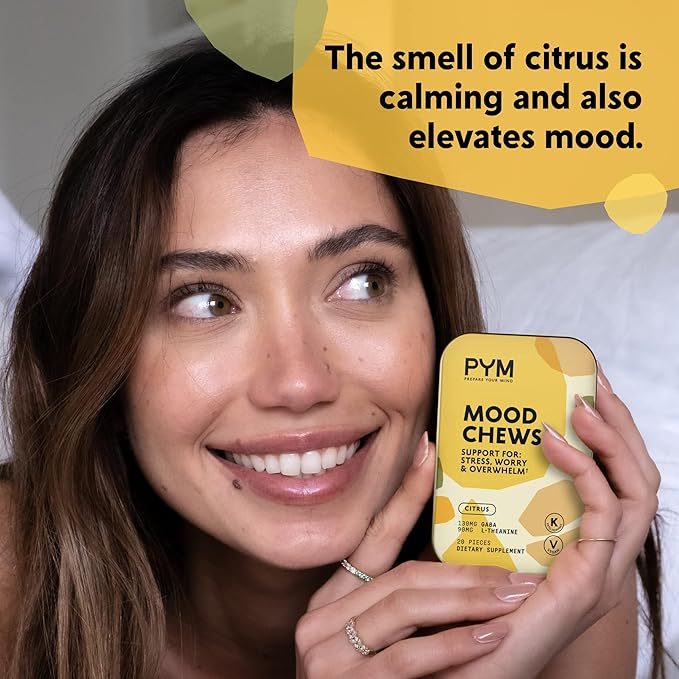 PYM Citrus Mood Chews Support for Stress, Worry & Overwhelm, 20 Count | 130mg GABA, 90mg L-Theanine | Vegan, Non-GMO, Gluten-Free, No Added Sugar | All-Natural Mood Balance Supplement Made in USA