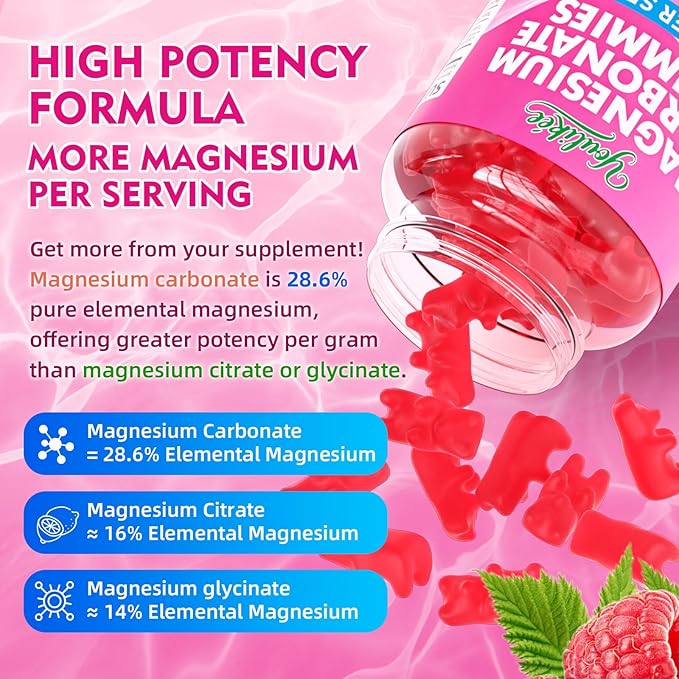 2 Pack Magnesium Carbonate 500mg Gummies, High Absorption Magnesium Supplement for Adults - Support Muscle Function, Vegan, Sugar Free, Raspberry Flavor, 120 Count