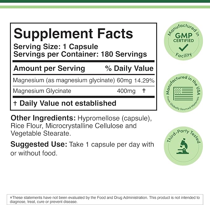 Magnesium Glycinate 400mg | 180 Capsules | Sleep, Muscle, & Heart Support | Vegan, Third Party Tested, Gluten Free, Non-GMO, by Double Wood Supplements