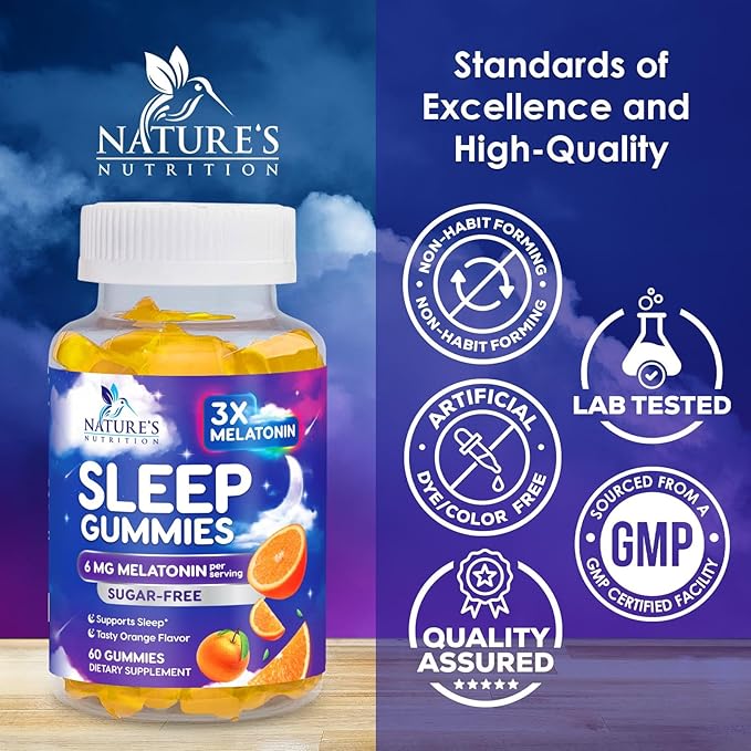 Melatonin Sleep Gummies - 6mg Per Serving - Sugar-Free Sleep Support Melatonin Gummy for Adults - Extra Strength Sleeping Gummy Supplement - Supports Restful Sleep - Tasty Orange Flavor - 60 Gummies