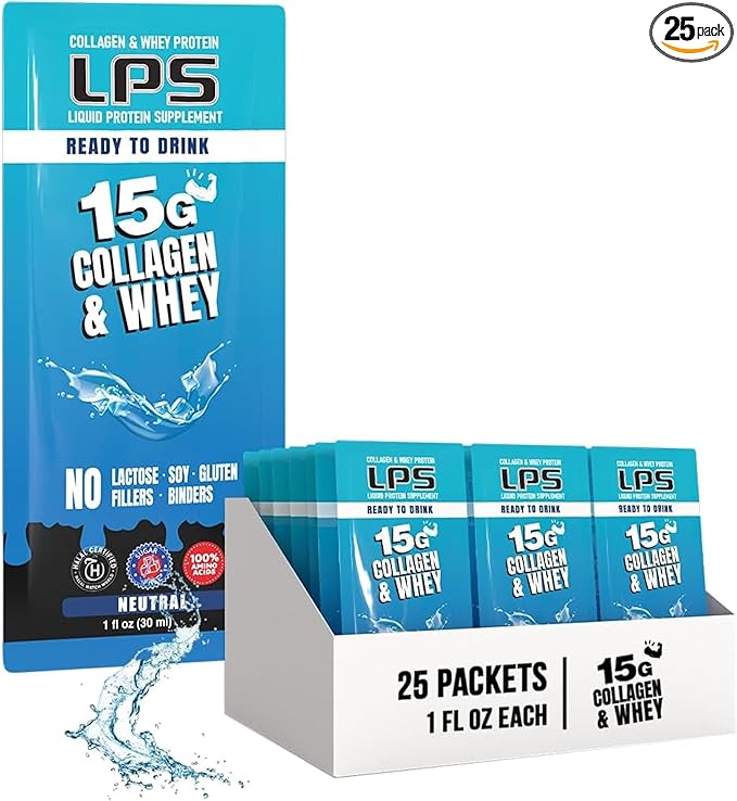 LPS Liquid Collagen & Whey Protein Supplement - Non-GMO Drink, Sugar-Free - Promotes Healthy Skin & Hair for Men & Women, Neutral, Single Serve (25 Packets)