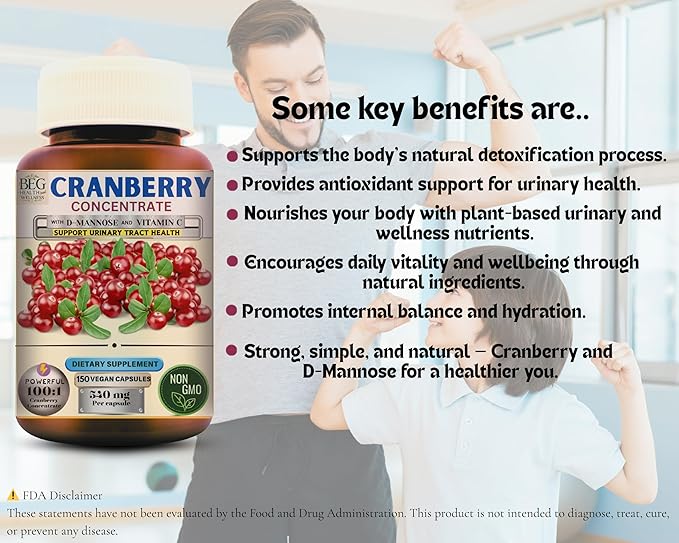 Cranberry Supplement for Women with D-Mannose & Vitamin C – Urinary Tract & Bladder Support – 150 Capsules in Premium Amber Glass Bottle, Vegan, Non-GMO