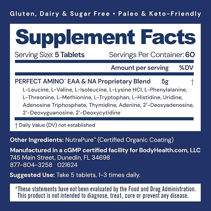 BodyHealth PerfectAmino (300 ct) Easy to Swallow Tablets, Essential Amino Acids Supplement with BCAAs, Vegan Protein for Pre/Post Workout & Muscle Recovery with Lysine, Tryptophan, Leucine, Methionine