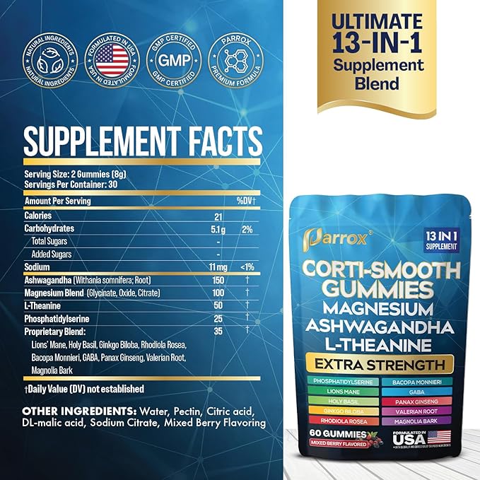 Corti-Smooth Cortisol Support Gummies with Magnesium, L-Theanine, Ashwagandha, Phosphatidylserine, Bacopa Monnieri, Lions Mane, Ginkgo Biloba, Valerian Root (60 Gummies - Mixed Berry Flavor)