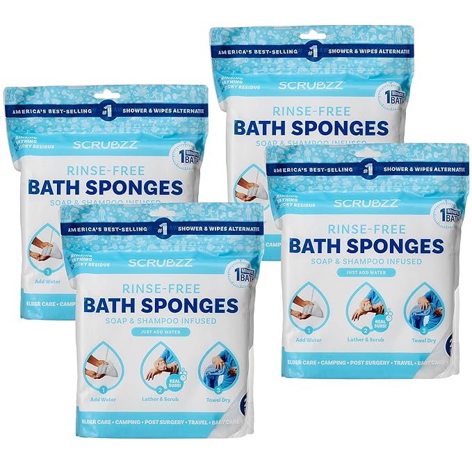 Scrubzz Disposable No Rinse Bathing Wipes - All-in-1 Single Use Shower Wipes, Simply Dampen, Lather, and Dry Without Shampoo or Rinsing (Unscented, 4-Pack)