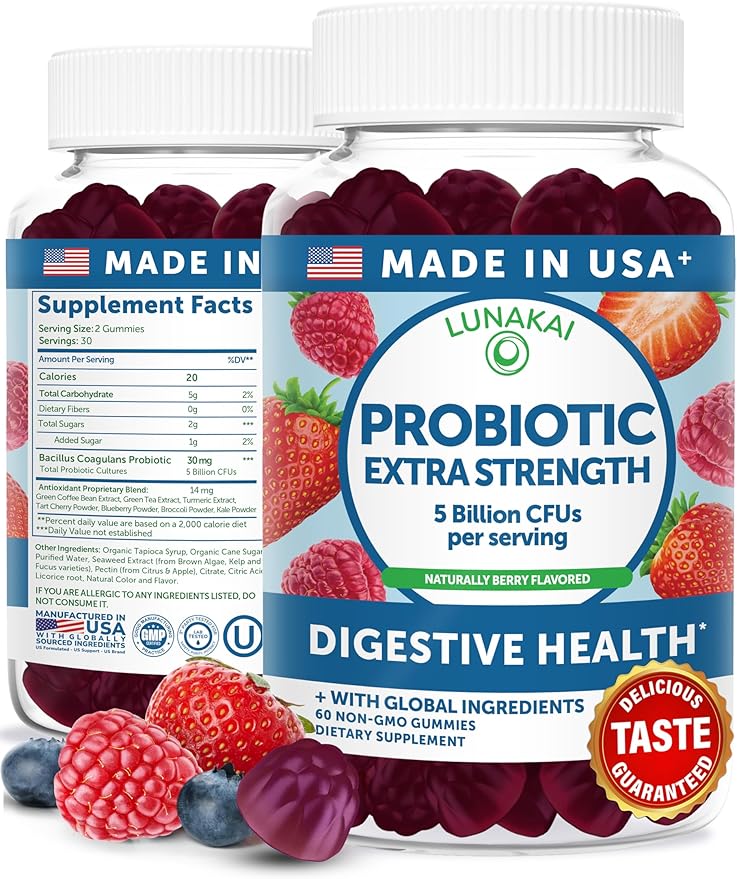 Lunakai USA Made Probiotic Gummies - 5 Billion CFUs, Vegan, Non-GMO, Gluten-Free - Digestive & Immune Support for Women & Men - 60 Chewable Gummies